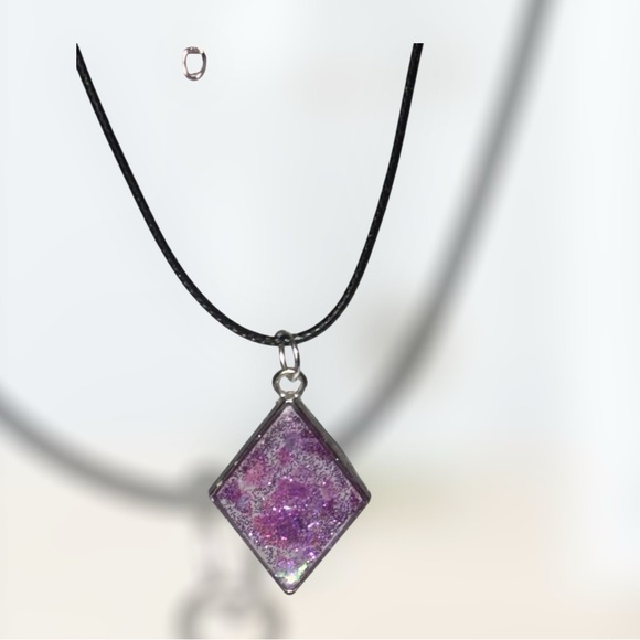 Handmade Resin Diamond Necklace | Purple Glitter Pendant - Picture 7 of 7